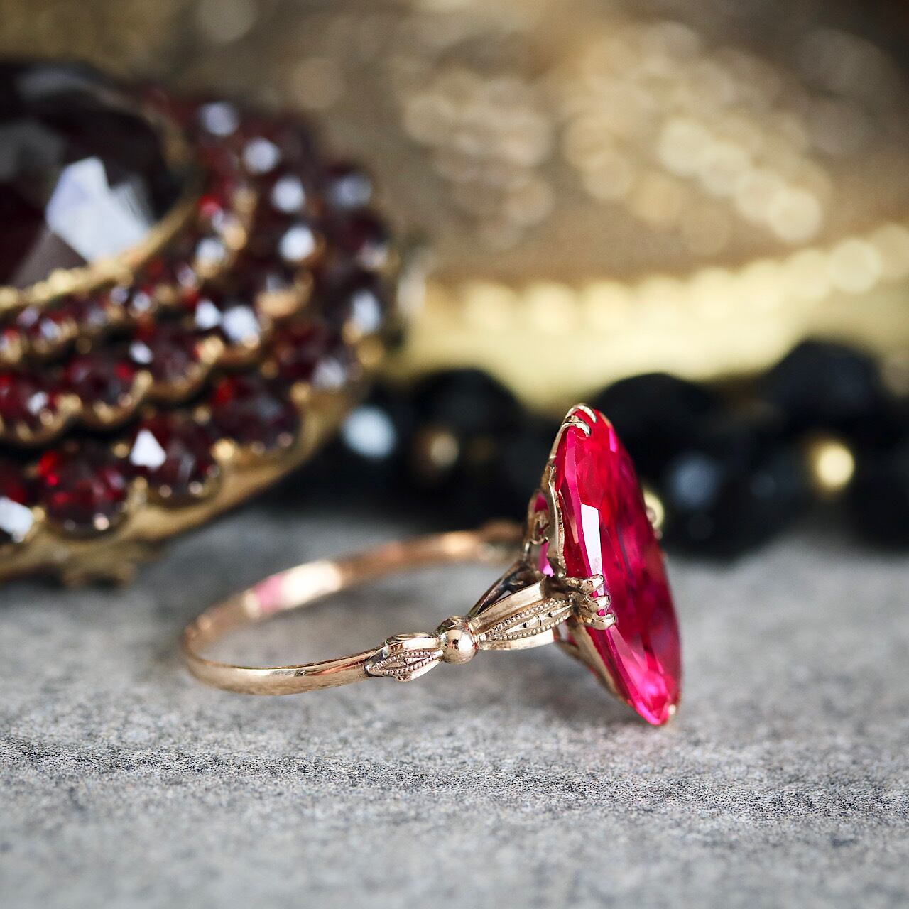 K18 合成ルビー 和彫ヴィンテージリング | 結antiques ヴィンテージ