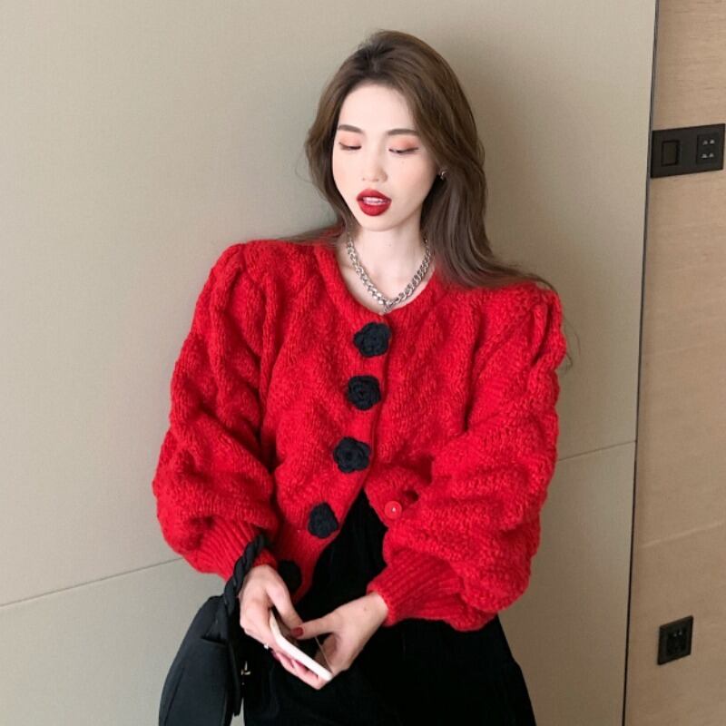 セーター ジャケット レディースオータムウィンタールーズショートニットカーディガン ロング 秋物 冬物 フラワーデザイン YY-ファッション43342802425