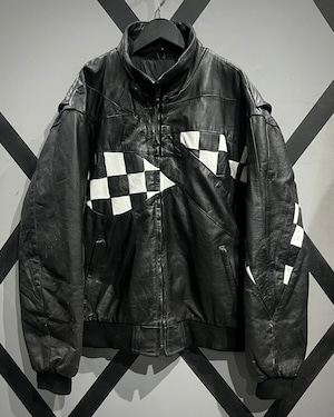 【X VINTAGE】“Checker Flag Design” Black Leather Racing Jacket