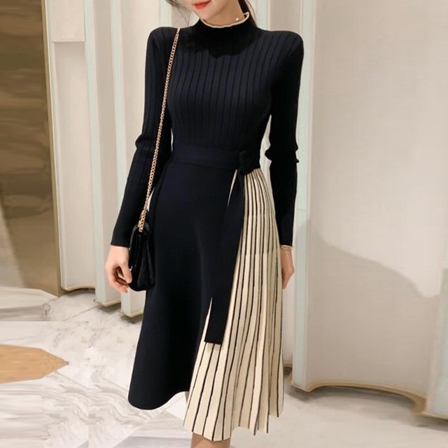 ニットワンピース レディース 送料無料 ミモレ丈 長袖 プリーツ 切り替え ベルト付き 春秋 123988