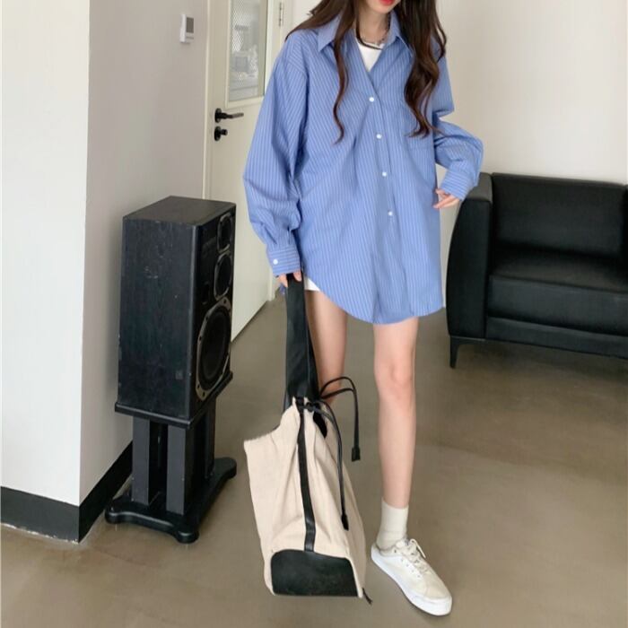 ストライプシャツ女性デザインセンスニッチ初秋2020年新しいファッション2層襟シックな緩いシャツトレンド クレセントシティ29566693356