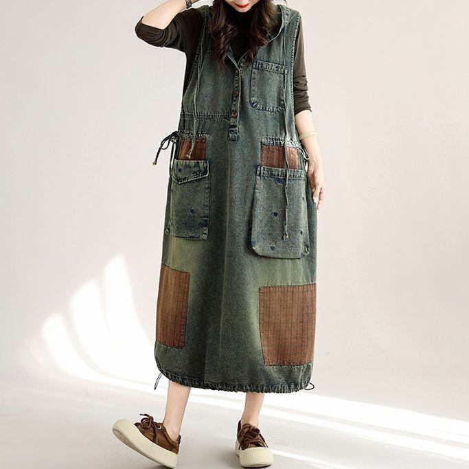 HOODED EMBROIDERED PANEL RELAXED MIDI DRESS M-18567