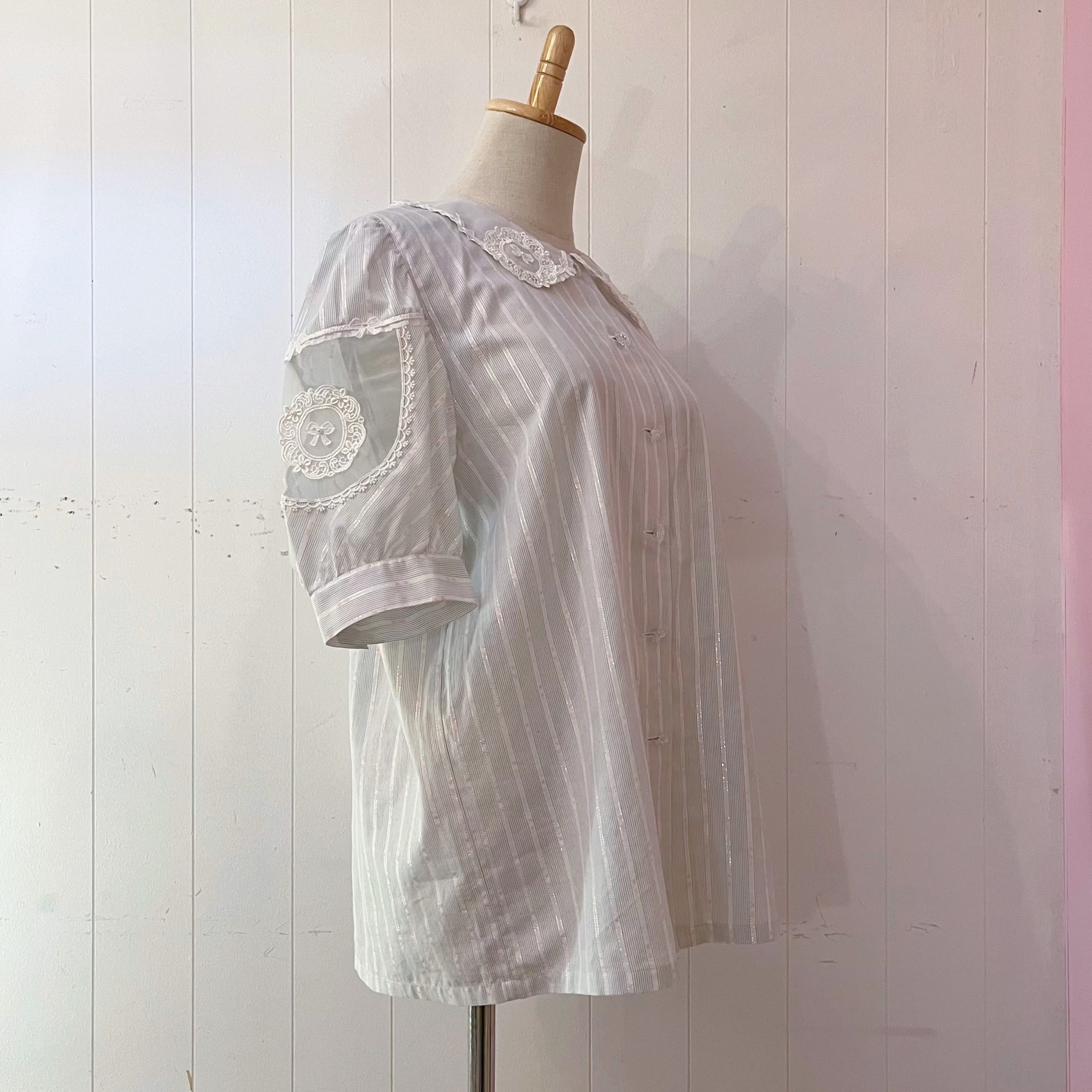ribbon lace collar stripe blouse