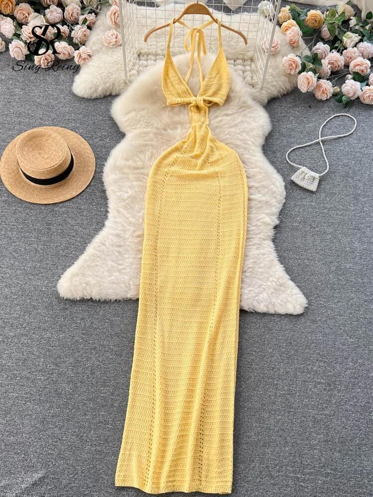 Sing補強-スパゲッティストラップ付きニットビーチドレス,夏のロングドレス,ヴィンテージ,透かし彫り,シース,セクシー,伸縮性のあるホルター,2023_350