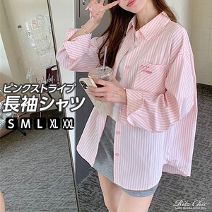 【送料無料】 ピンクストライプ 長袖 シャツ レディース 春夏 韓国 トップス きれいめ 大人 かわいい カジュアル 羽織り ライトアウター UV対策 おしゃれ ストライプ ゆったり 体型カバー 大人可愛い 大人女子