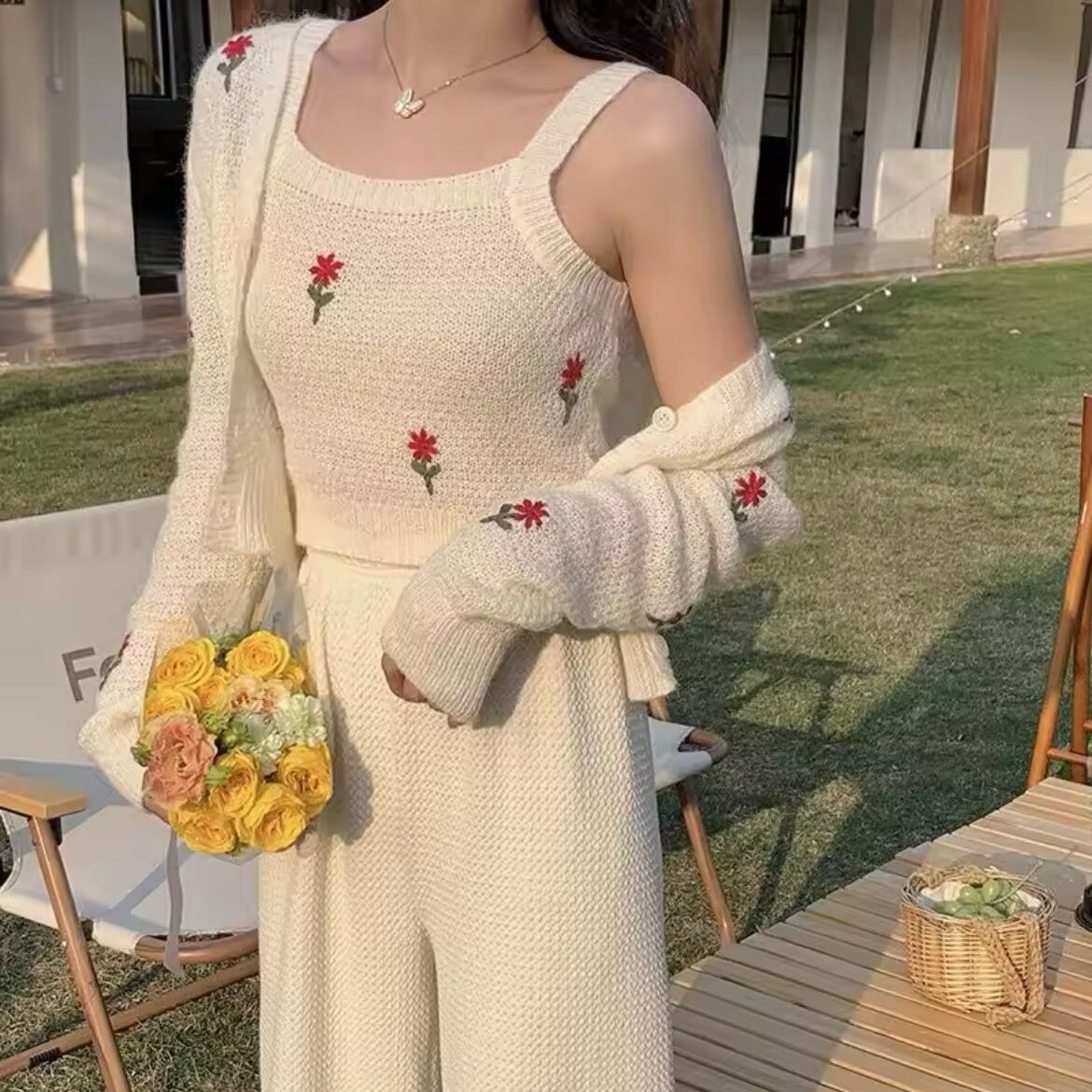 フラワーステッチカーディガンセット