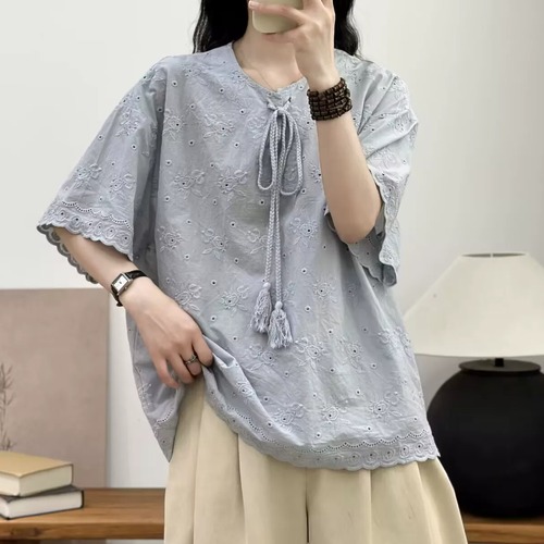 4色/フラワー刺繍タッセルリボンブラウス ・11941