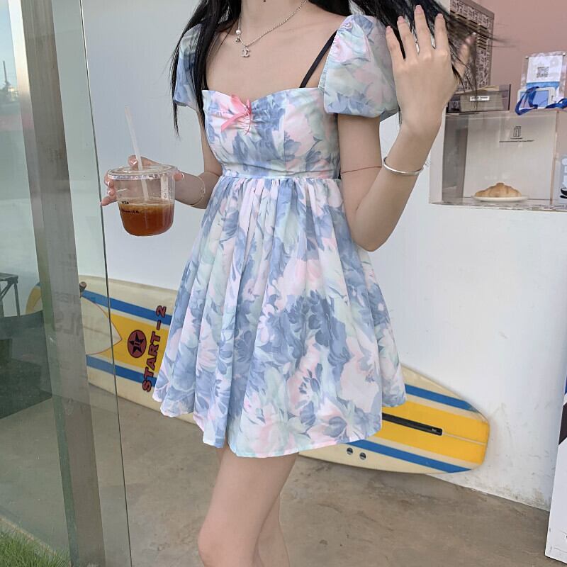 フローラルスカート ドレス サマーウェストショート 大人ガーリー スウィート キュート カジュアル 夏物 花柄 モンロー22081689999