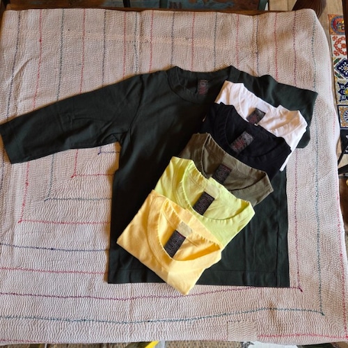 homspun 　ホームスパン　天竺七分袖Tシャツ　全６色　サラシ　イエロー　ブラック　カーキ　ライム　ダークグリーン　　カットソー　定番　ベーシック　インナー　七分袖　日本製