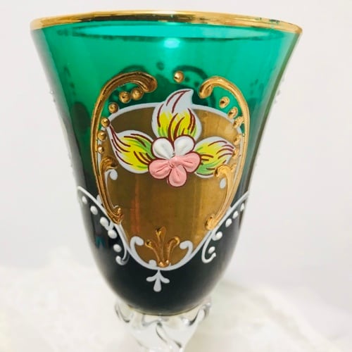 エナメルの花が素敵 花器 金彩 カットガラス ビンテージ