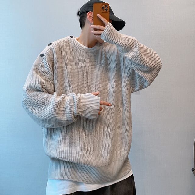 【予約販売】ニット セーター オーバーサイズ ボタン 指穴 無地 メンズ グレージュ ブラック オーバーサイズ こなれ感 ストリート お洒落 韓国 トレンド 秋冬 M/L/XL/2XL