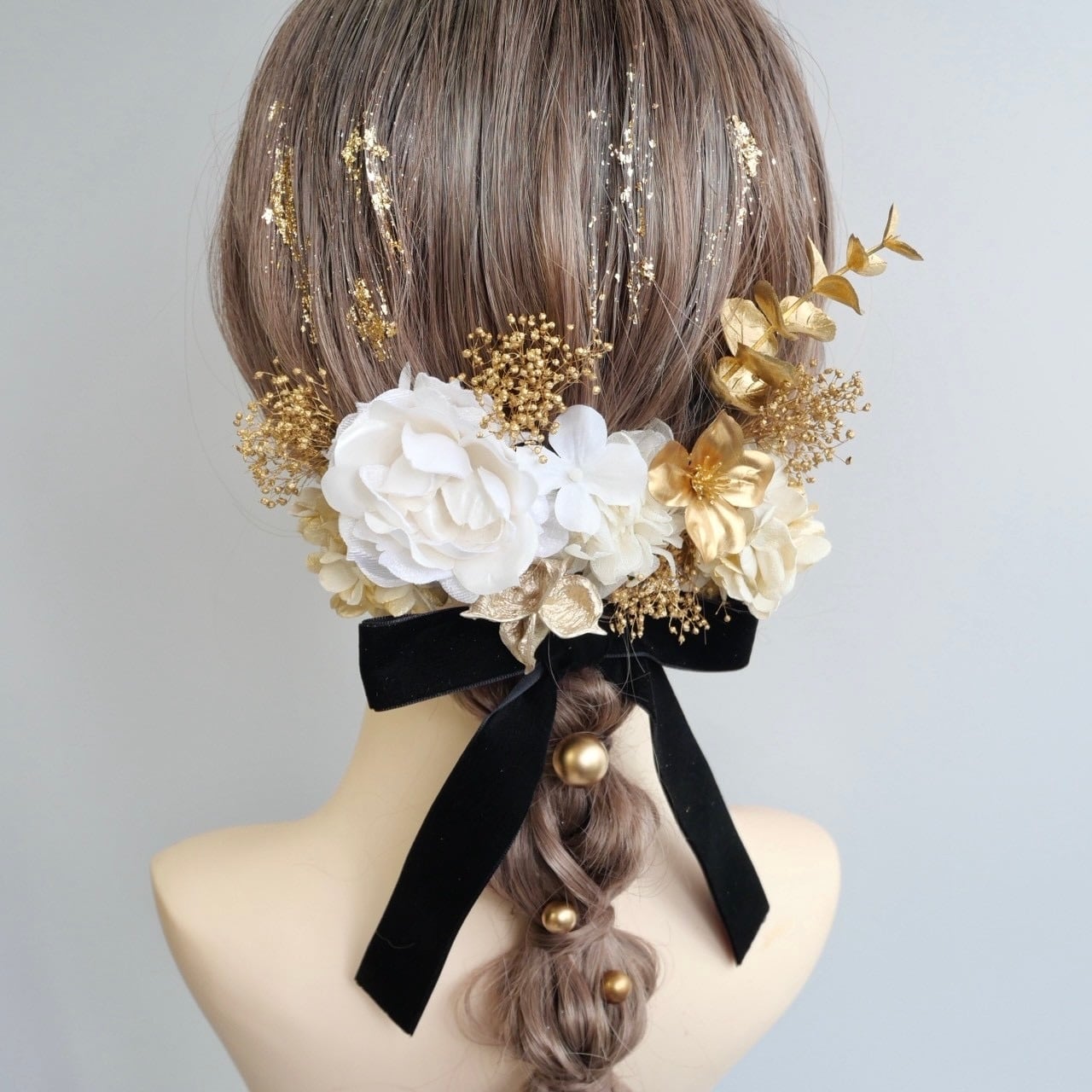 A494 リボン ドライフラワー パール 髪飾り 白 ゴールド ローズ 卒業式 袴 成人式 振袖 結婚式 和装