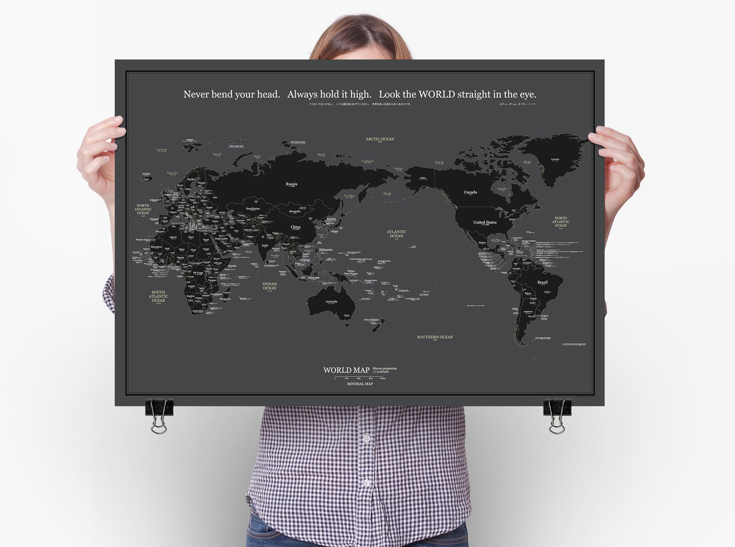 首都と国名が分かる世界地図 黒グレー A1サイズ（英語＋日本語ふりがな