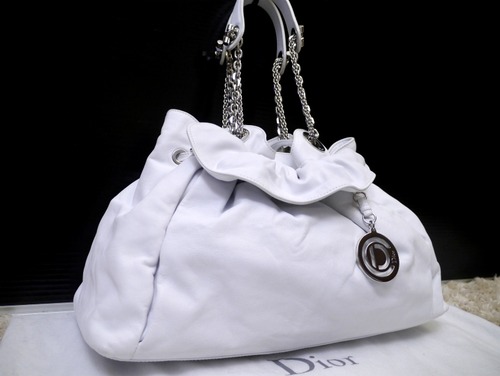 レア美品◆ChristianDior ディオール レディディオール チェーンハンドル レザー トート バッグ白◆ ダークコーデに映えるホワイトレザー♪
