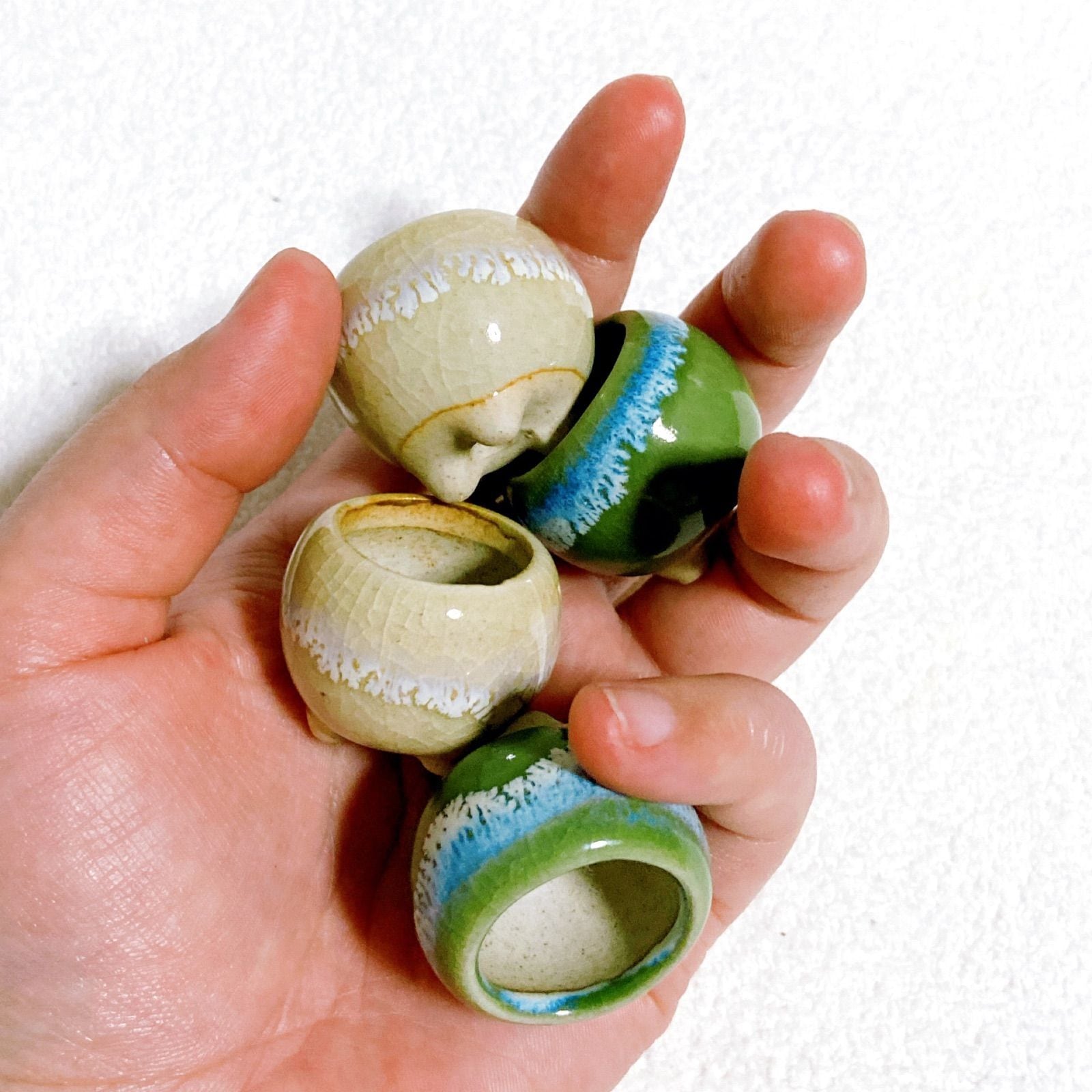 緑とベージュ色のグラデーションが美しい陶器製植木鉢 4点セット】 豆