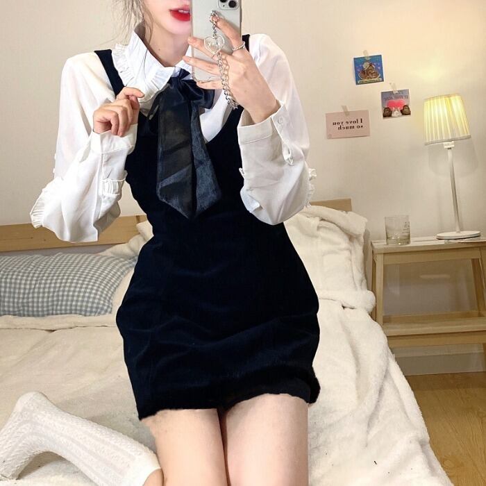 スプリングカラーシャツ ベルベットウェストドレス 春物 モンロー14412985494