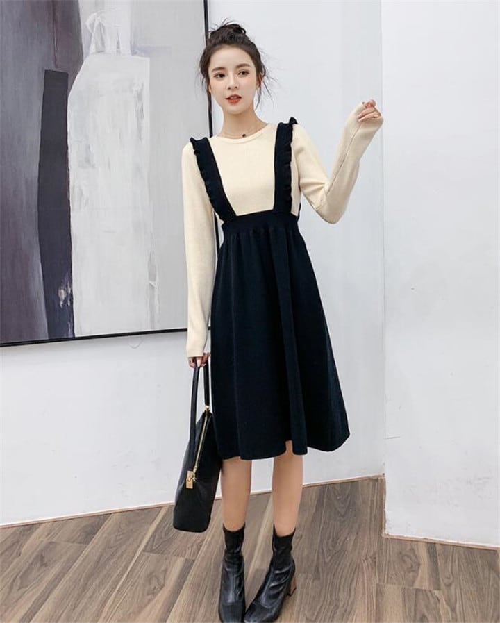 秋冬 カレッジ風 新作 フェイクツー sweet系 気質 ゆったりする ニットワンピース 中・長セクション