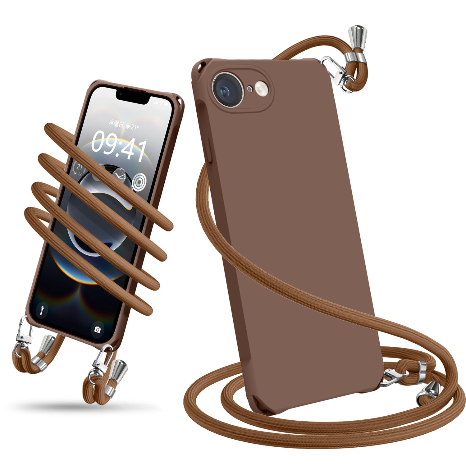 iPhone 17e / 16e 向けの ケース ショルダー シリコン アイフォン17e / 16e カバー 耐衝撃 (ブラウン)