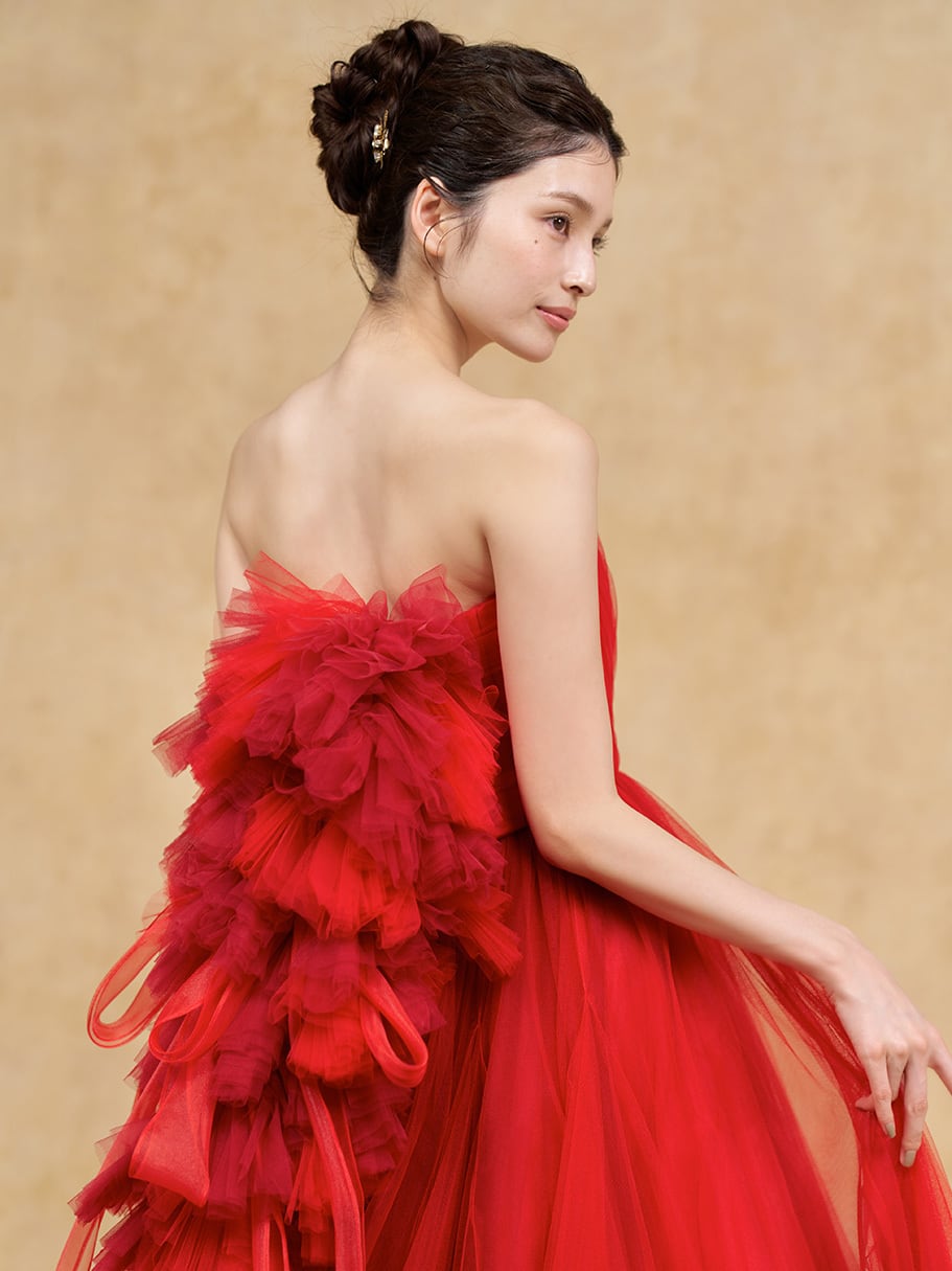 ワインレッドオフショルダードレスフリル取り外し可能