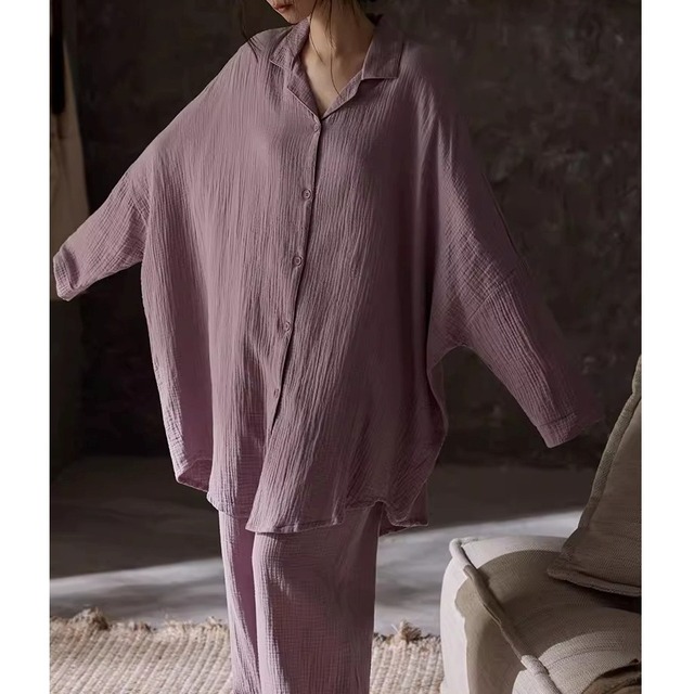 訳ありSALE【M-XL】vertical pleated cardigan style simple design pajamas p1614