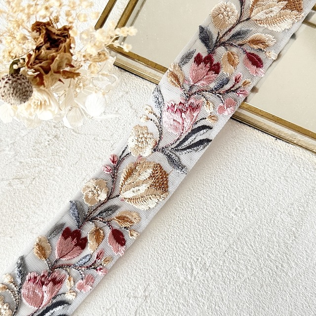 チューリップ　[イエローくすみブルー]インド刺繍リボン　3219