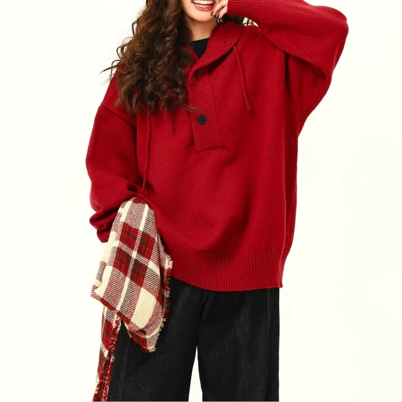 ボタンフロント オーバーサイズ 長袖 ニット ◆3col S1025