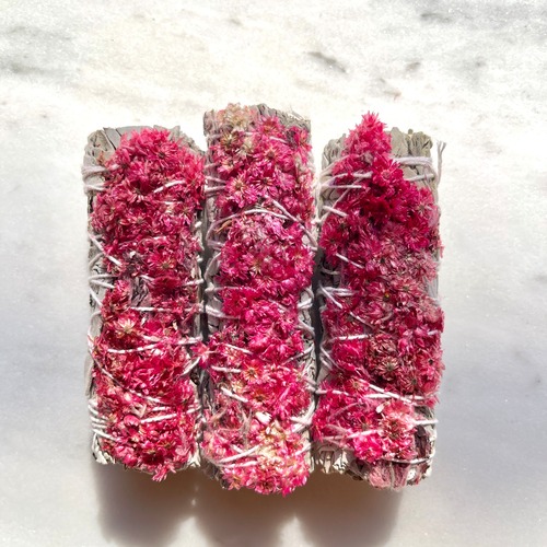 【3本限定】【ツーソン】フラワー付き　ホワイトセージのワンド（濃いピンクの花）　