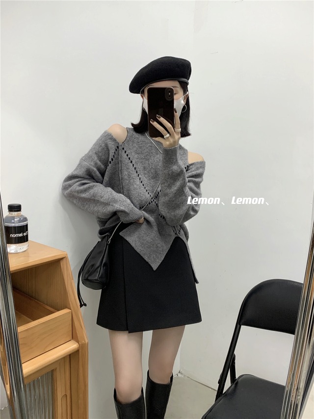 ストラップレスセーター オータムウィンターアドバンスニットトップス レディース 秋物 冬物 ビッグFスモールZ韓国96960114796