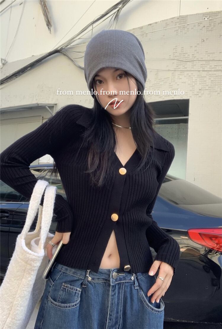 ブラックスリムVネックセーター オータムカーディガントップス ロング 秋物 Oネック モンロー8063839369