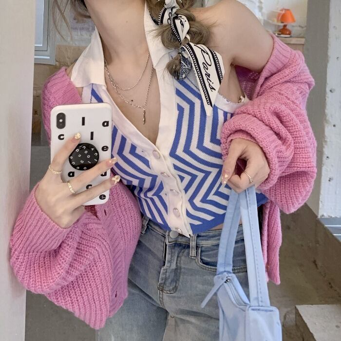 ストライプスリムショートトップス サマーホルターニット 夏物 モンロー57864736757