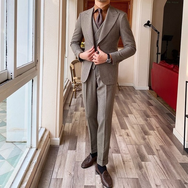 千鳥格子スリーピースブリティッシュスリムスーツ SU0007