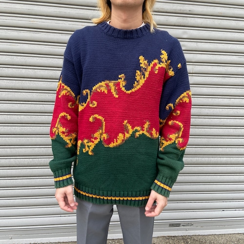 『送料無料』90s Tommy hilfiger ファイヤーパターン　コットンニット　L