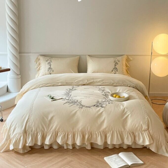 フラットシーツ シングルサイズ3点セット】フラワー刺繍×フリル