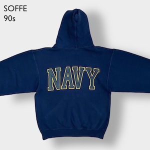 【SOFFE】90s USA製 リフレクター付き ロゴ プリント US NAVY バックプリント パーカー プルオーバー スウェット フーディー hoodie S ネイビー ソフィー 米軍 アメリカ軍 ミリタリー us古着