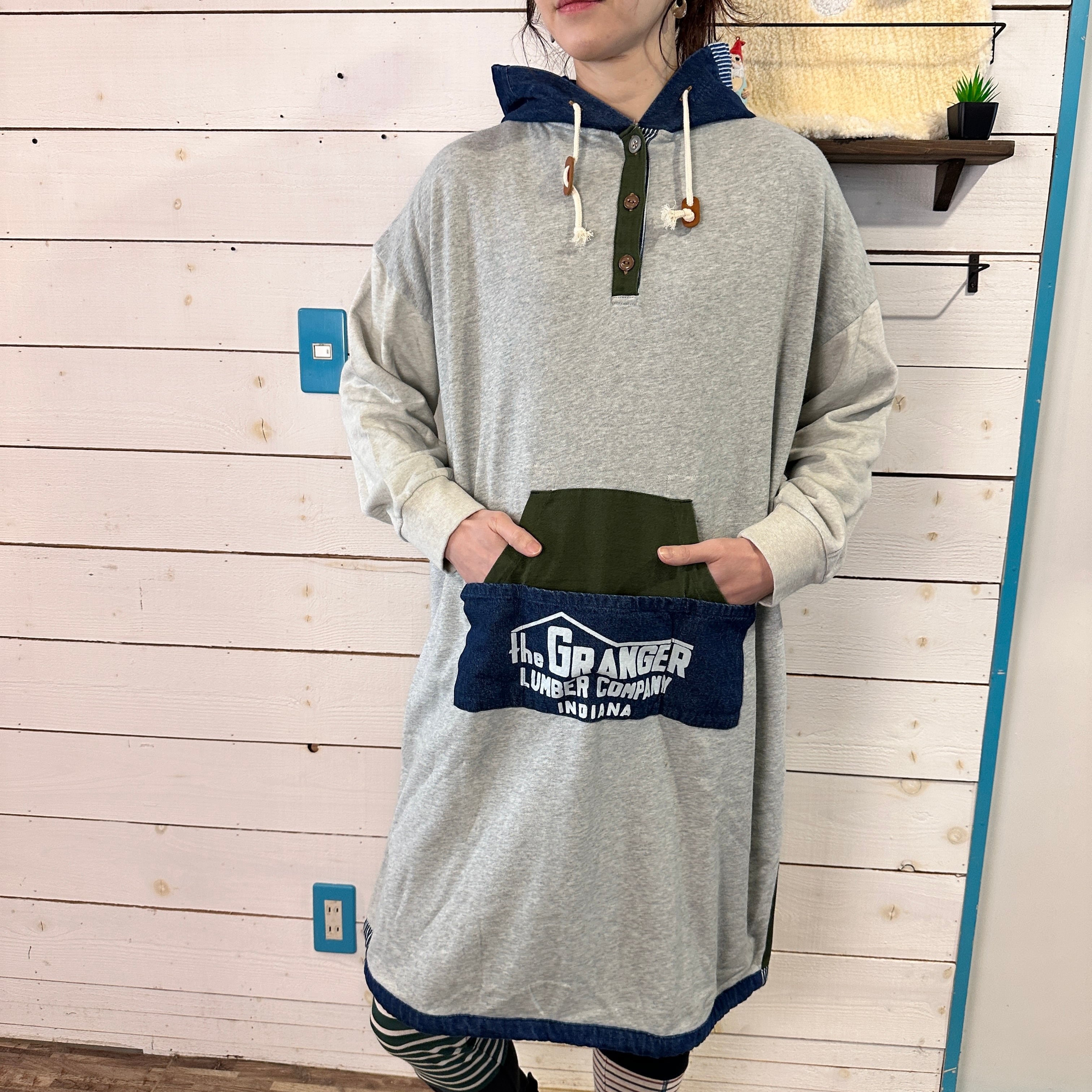 インディゴミニ裏毛フードワンピースロングスリーブ　2471　デニムヒッコリー　フリーサイズ