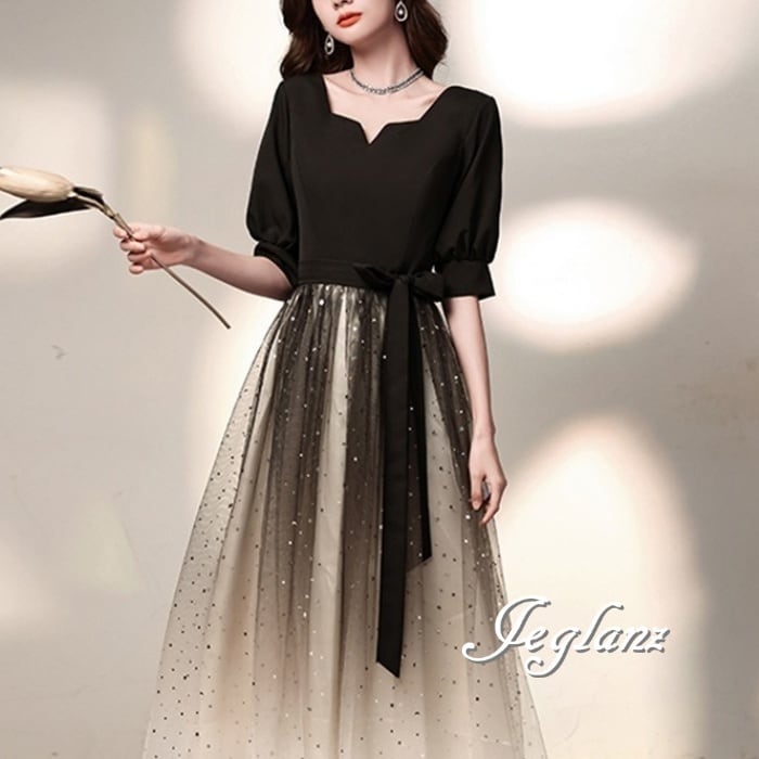 パーティドレス ワンピース グラデーション チュール ラメ 5分袖 ミドル/ロング(M6467)ζ