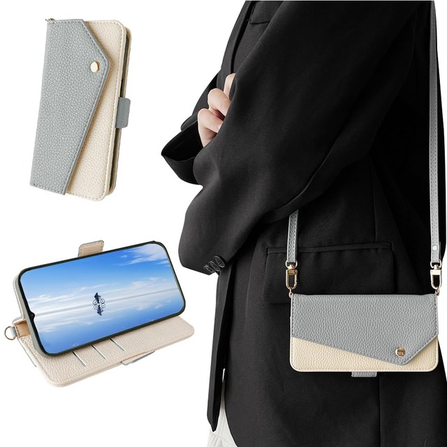 Kahper aquos wish4 用 ケース 手帳型 ショルダー付き 表面ポケット SH-52E カバー 財布型 軽量 カード収納 スモークブルー