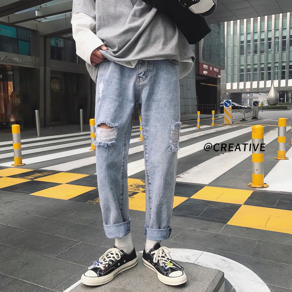 全1色 デニム パンツ ストレート カジュアル ワイド クラッシュ