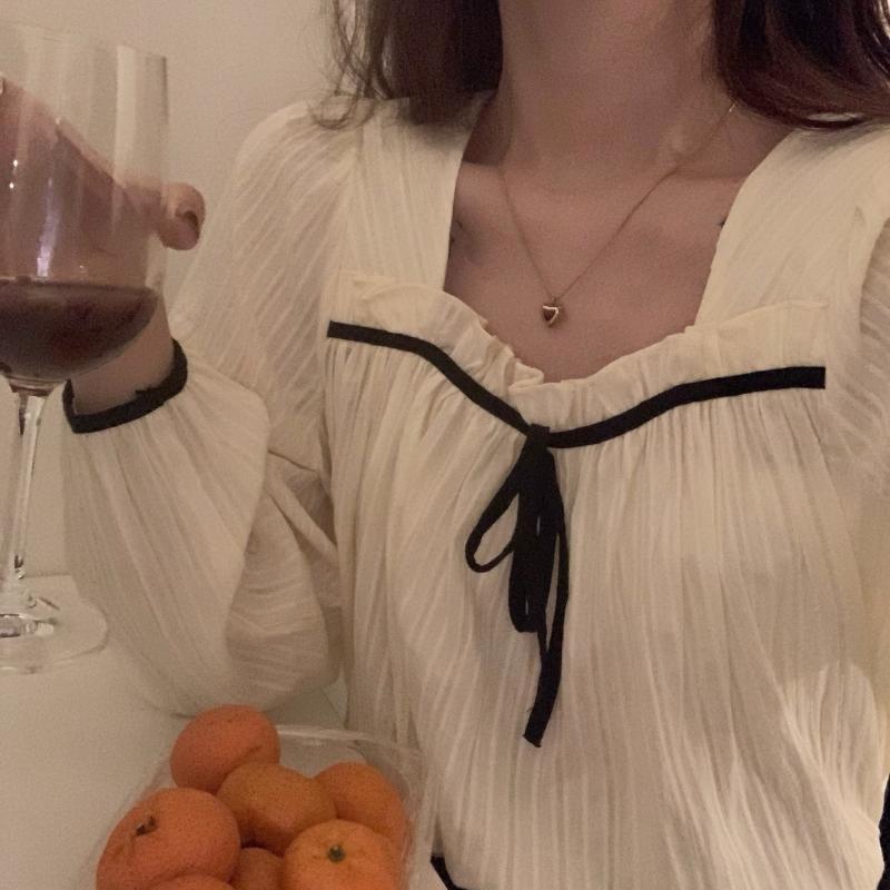 リボントップス カラー長袖スリーブシャツ スプリングレディース ロング 大人ガーリー スウィート キュート カジュアル 春物 スクウェア ビッグFスモールZ韓国67709457732