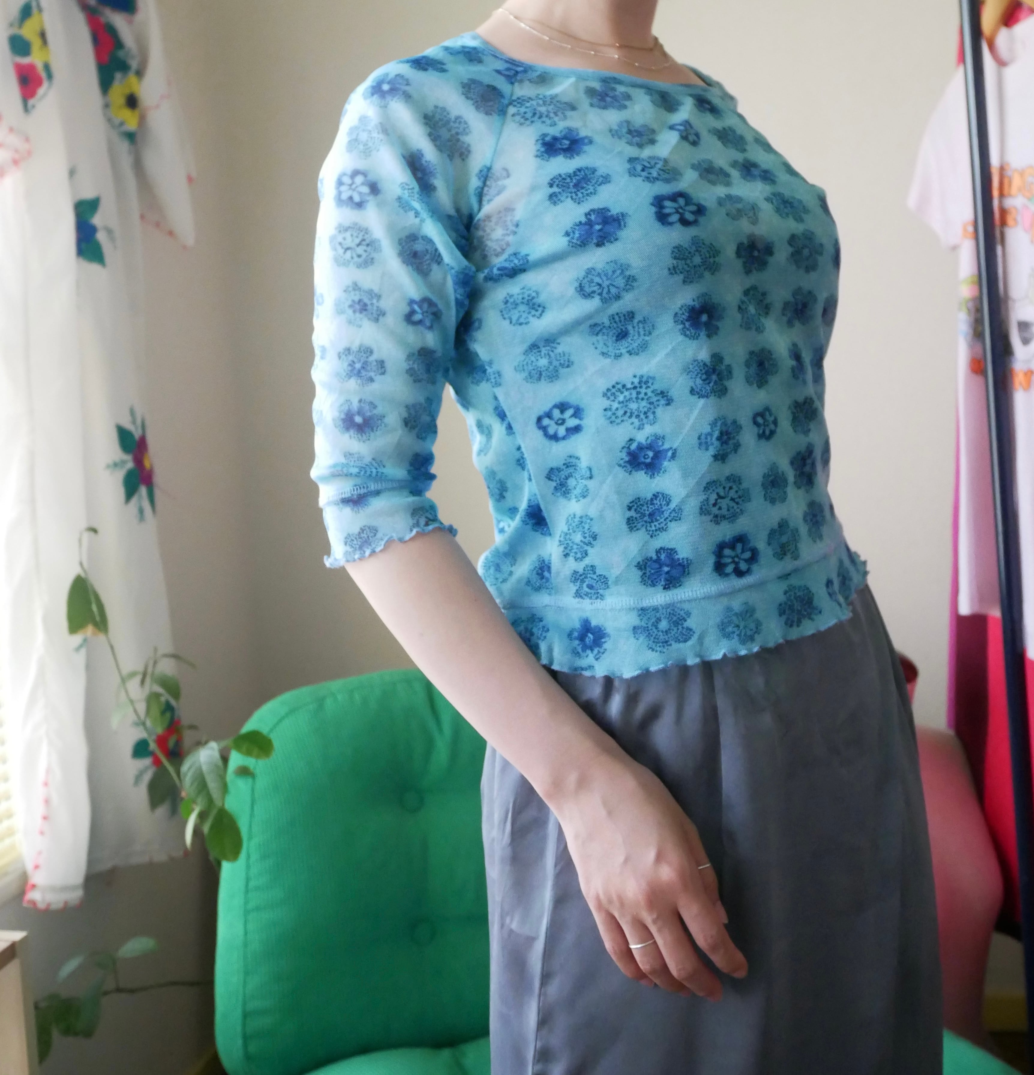 90s Vintage Sheer Floral Mesh Top - Blue