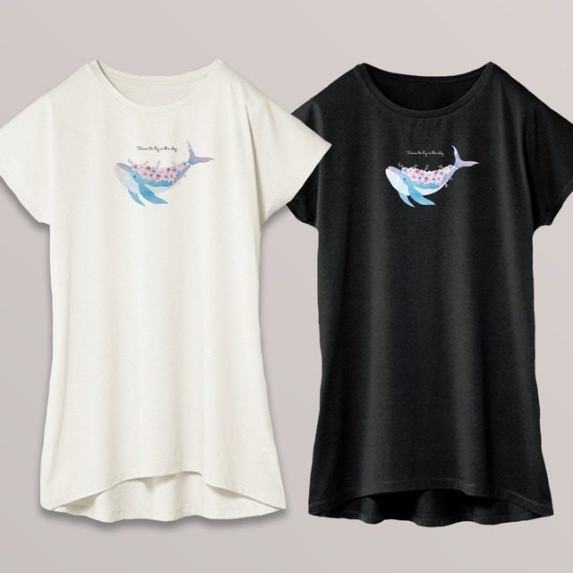 送料無料 花とクジラの水彩チュニック・ドルマンワンピTシャツ Mサイズ