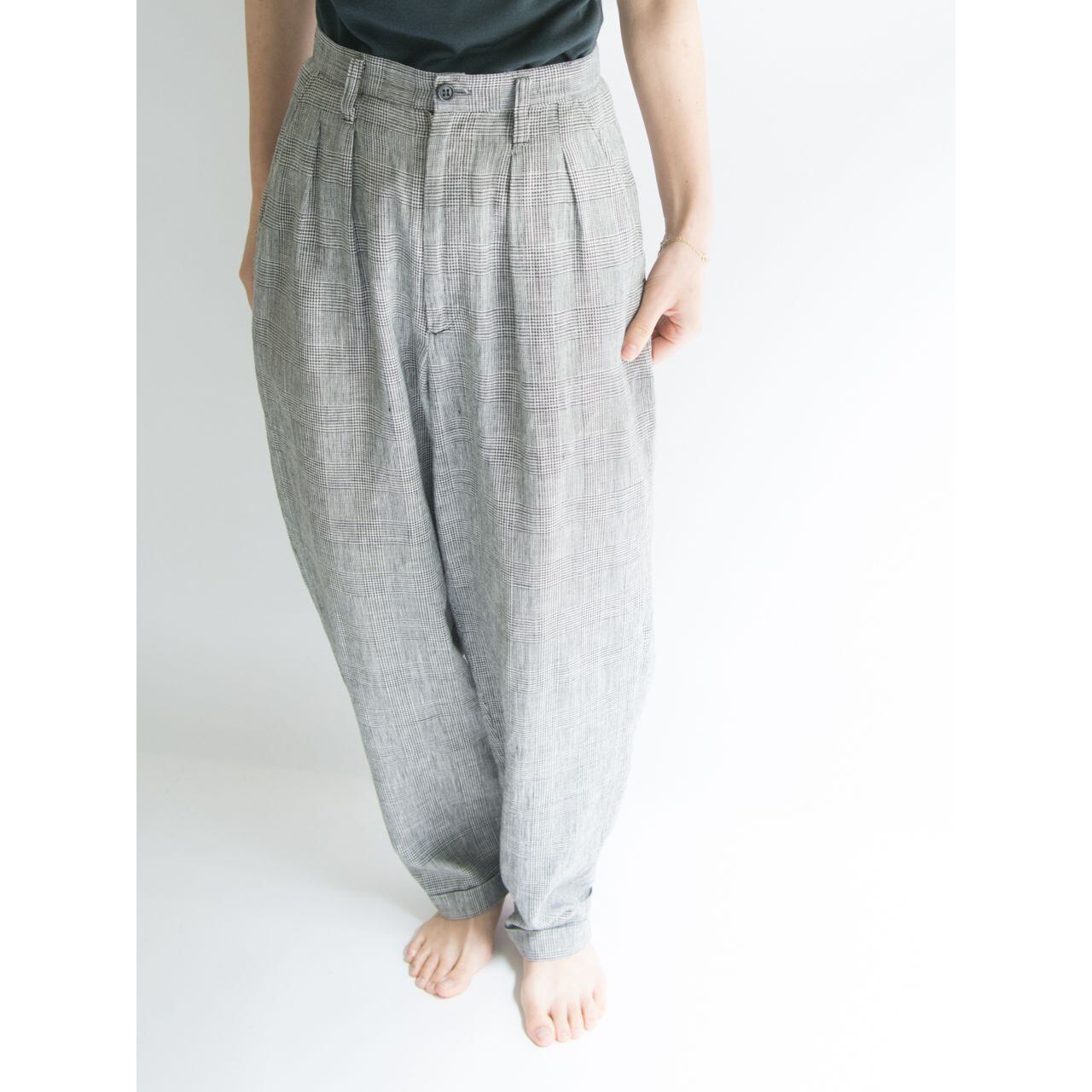 【Unknown brand】2tuck glen check linen trousers（2タックグレンチェックリネントラウザーズ パンツ）3d