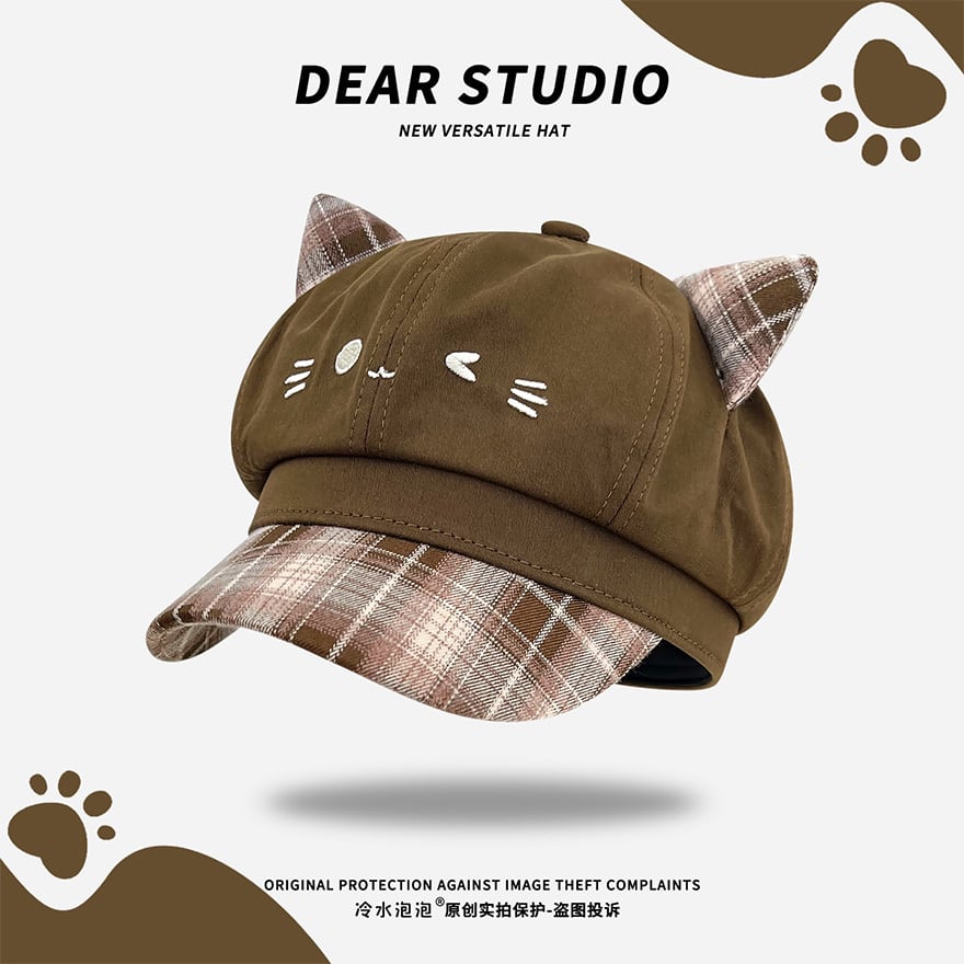 眠り猫の格子窓 チェック耳刺繍入りサブカル系猫耳八角キャップ帽子
