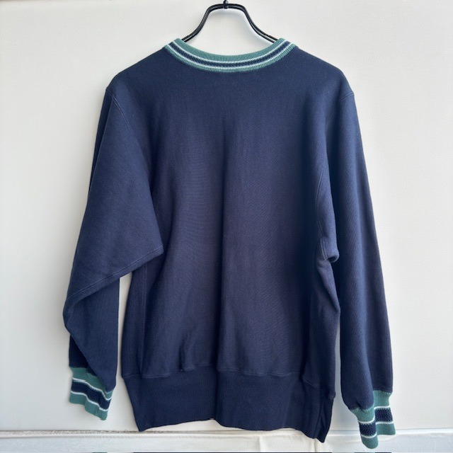 Champion リバースウィーブ スウェット 90s USA製 ネイビー グリーンリブボーダー 刺繍タグ ヴィンテージ古着 M 画像2