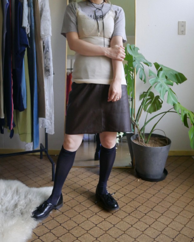 80s-90s Real Leather Tight Skirt / Dark Brown
