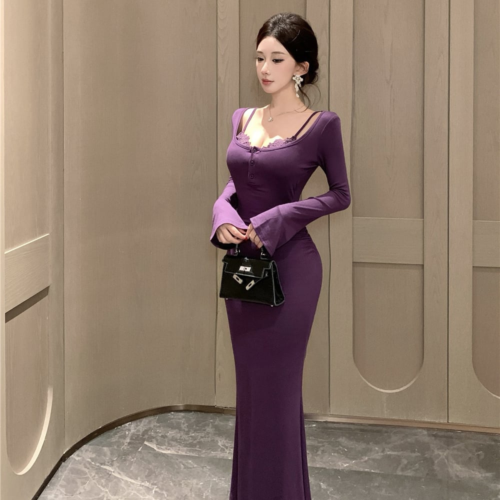 2色】ロングドレス キャバドレス セクシー フェイクレイヤード レース