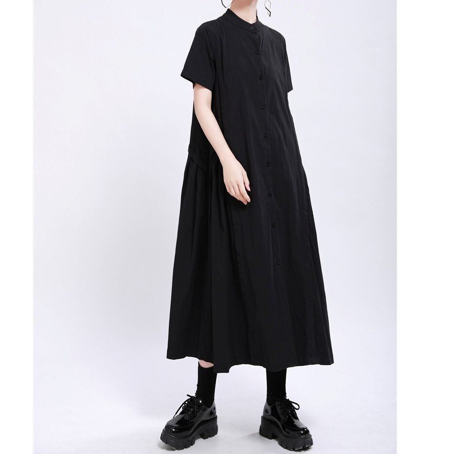 SOLID STAND COLLAR A-LINE MIDI SHIRT DRESS 3colors M-14202