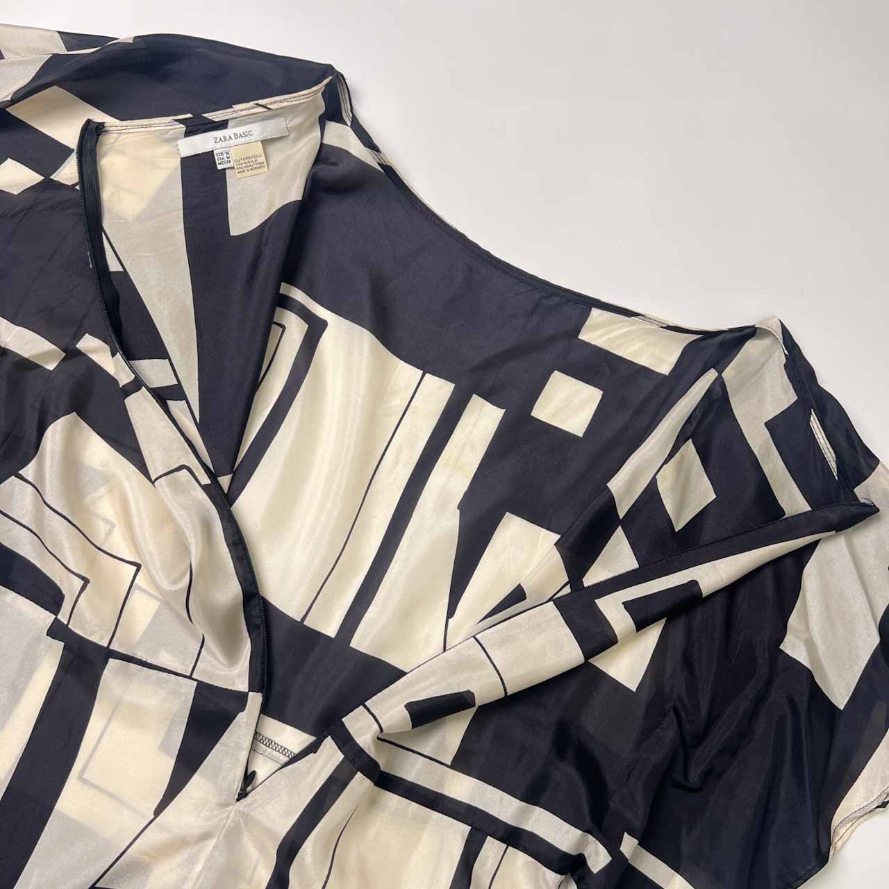 シルク100% ZARA BASIC ザラベーシック シースルー 半袖 ワンピース M/ブラック×ホワイト レディース