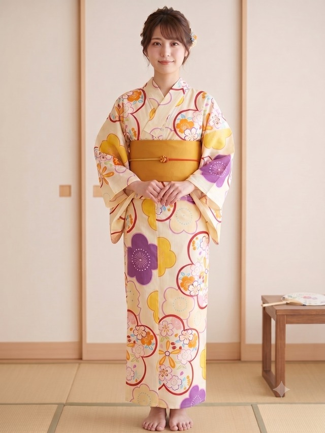 涼感・綿麻】涼やかな青い朝顔と桜模様 浴衣 単品 綿80% 麻20%（生成り