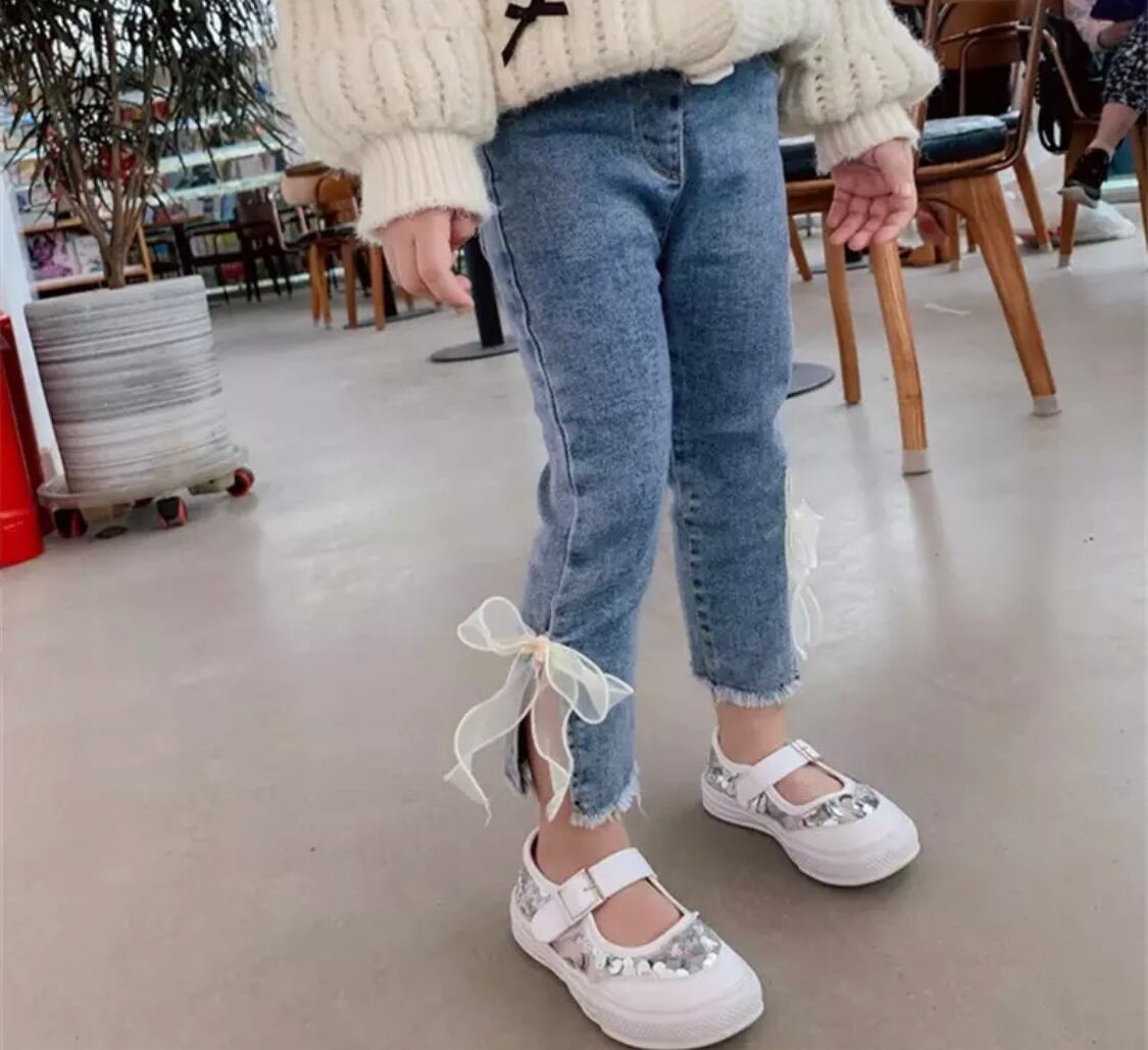 【一部即納】リボンデニム》》》》》春 チュール デニム パンツ 女の子 プチプラ